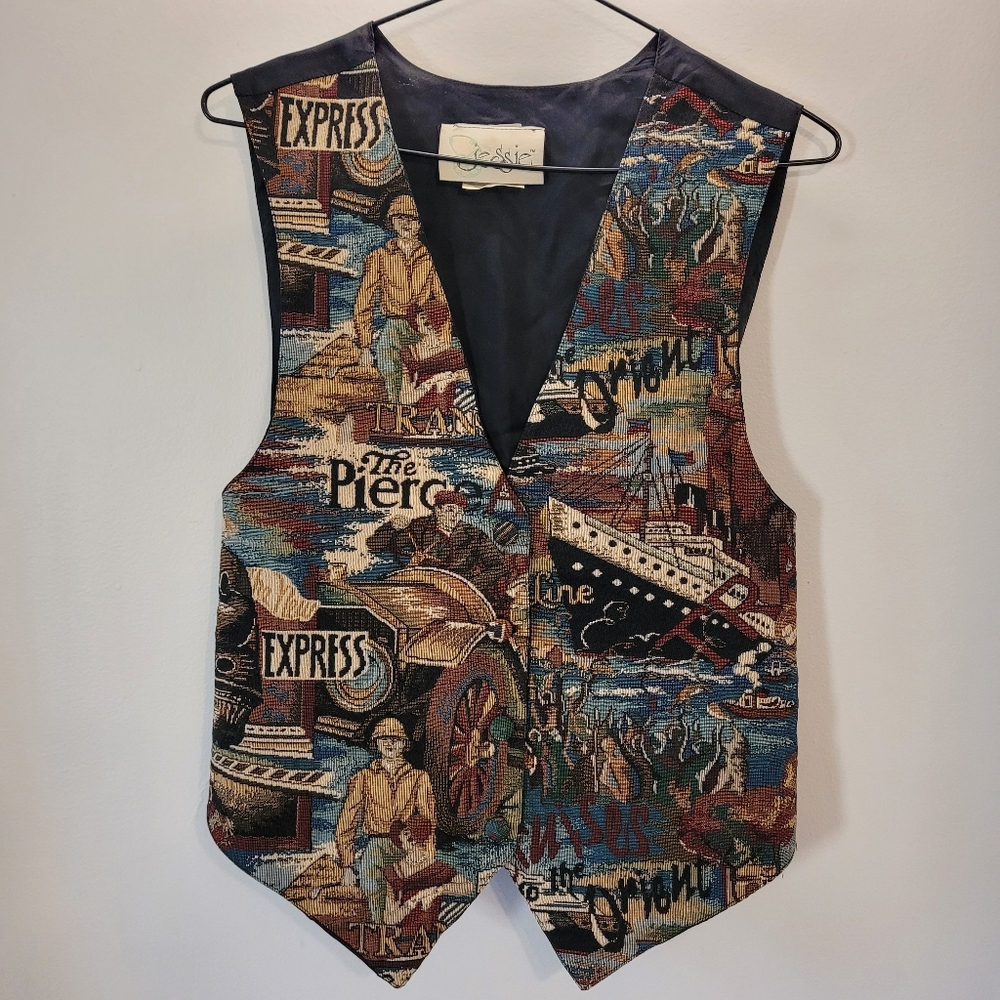 Vintage Jessie Boat Captain Brocade Tapestry Boho Buttoned Vest - M - Picture 1 of 8